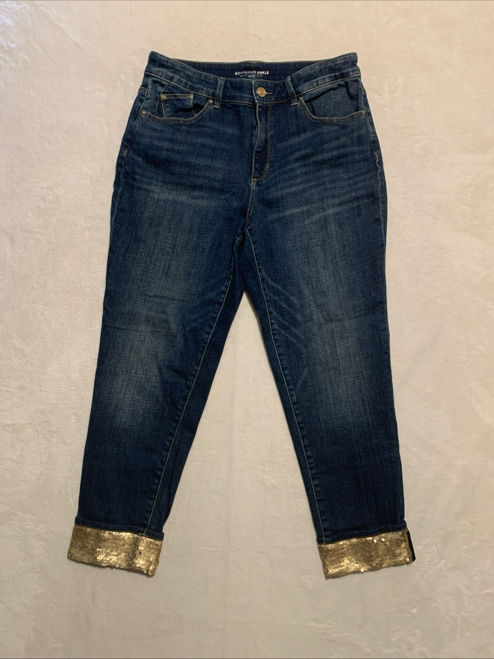 Chico’s Chicos Jeans Blue Boyfriend Ankle Cuffed Sequin Accent size 1